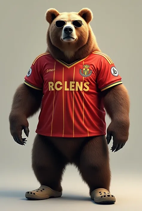 Un grizzly avec le maillot du RC Lens sang et or, il a des kroks kakis et des lunettes 