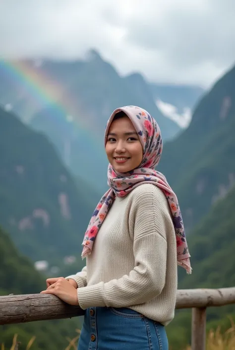 The image is a portrait of a beautiful young Asian woman with hijab floral pattern, wearing buttoned sweater, with jeans skirt, woman standing holding on to wooden fence, candid, side_view, The background is high mountains with clouds surrounding the mount...