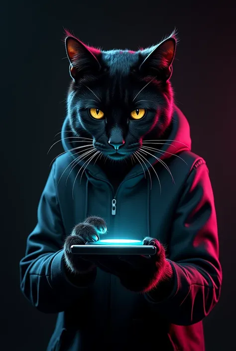 a black cat as a strategist cyberpunk officer,one hand holding a glowing data pad,black background,full front view,highly detailed,8k,realistic,photorealistic,physically-based rendering,vivid colors,dramatic lighting,cinematic,digital painting,concept art ...