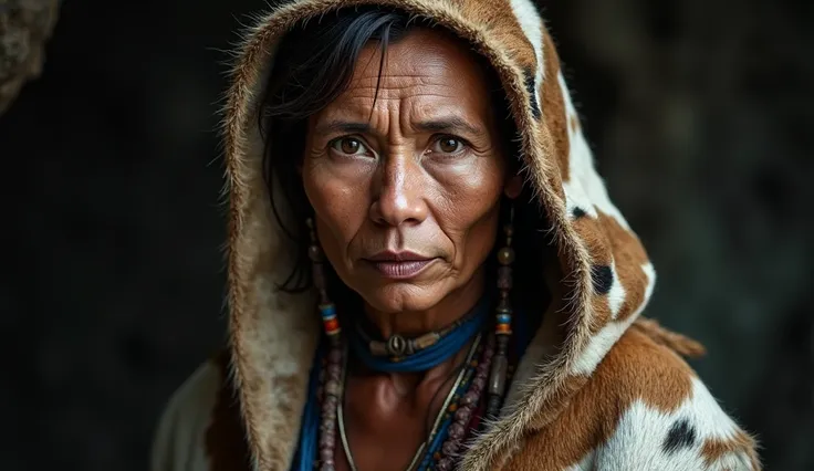  6500-year-old ancient female indigenous woman looking into the camera，He was wearing animal skins，Master videography