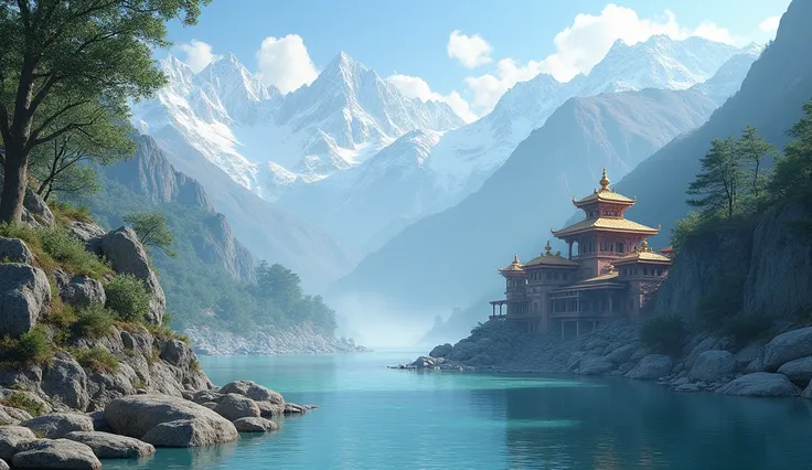  A serene Himalayan backdrop with the Ganga river flowing, transitioning to a temple with bells ringing.