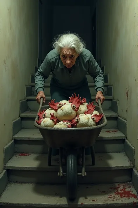 Grandma raises a garden wheelbarrow full of chicken heads to the 3rd floor