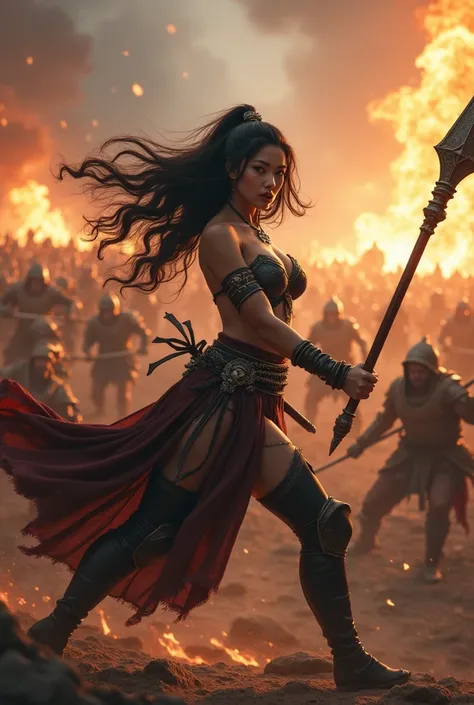 A small, curvy half-Asian, half-Caucasian dark mage, wielding a spear in the middle of an intense battle. She is dwarfed by the chaos around her, with warriors and enemies clashing, fire exploding in the background, and destruction everywhere. Despite the ...