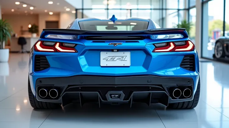 Back view of painted lihgt blue  with shiny clour 2025 Chevrolet ZR1 sleek in large shape sedan in large size with Chevrolet ZR1  logo on its large detailed grille in shiny white clour with angular sporty design captured from close back view with modified ...