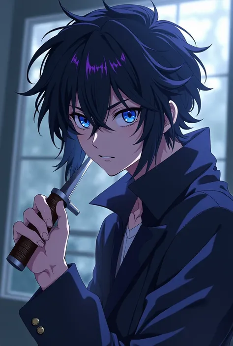  anime style、male、 sideways、 jacket、 Japanese Knife 、Overlooking,  blue eyes、 has a keen eye、 purple eyes、 black hair、purple lines on hair、