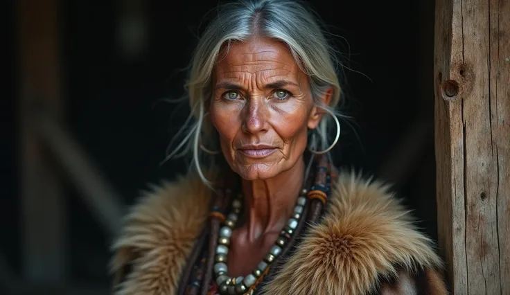  6500-year-old ancient female indigenous woman looking into the camera，He was wearing animal skins，Master videography