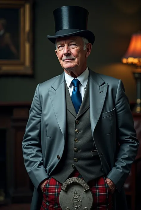 Alex Ferguson, wearing silver silk tuxedo, silk shirt, blue tie and blue Scotish kilt, have Victorian top hat, takes his trousers off, Very detailed,  high resolution , master part, best quality,  Intricate Details,  highly detailed , sharp focus, detailed...