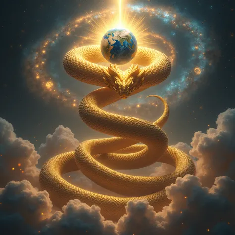 A colossal snake with glowing eyes and a shimmering golden body, holding on head the entire Earth universe on its hood, surrounded by swirling galaxies and stars. A divine and mystical ambiance with radiant energy emanating from the snake." Indian realisti...