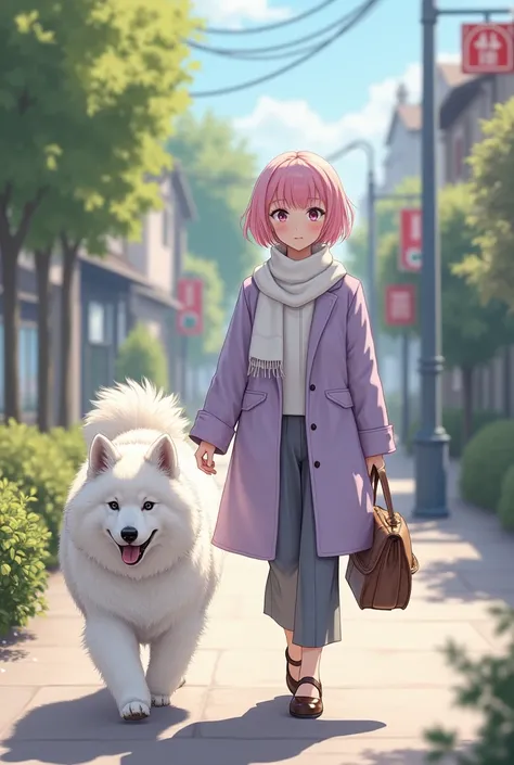 She is a Japanese actress, a beautiful woman with short light pink hair, a white scarf, a light purple coat, and a cute white Samoyed dog for a walk with her cute white Samoyed dog