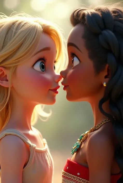  Blue-eyed fair-skinned blond Cinderella Baby and Baby Moana (slightly lighter skin )  standing next to . Their faces close up  