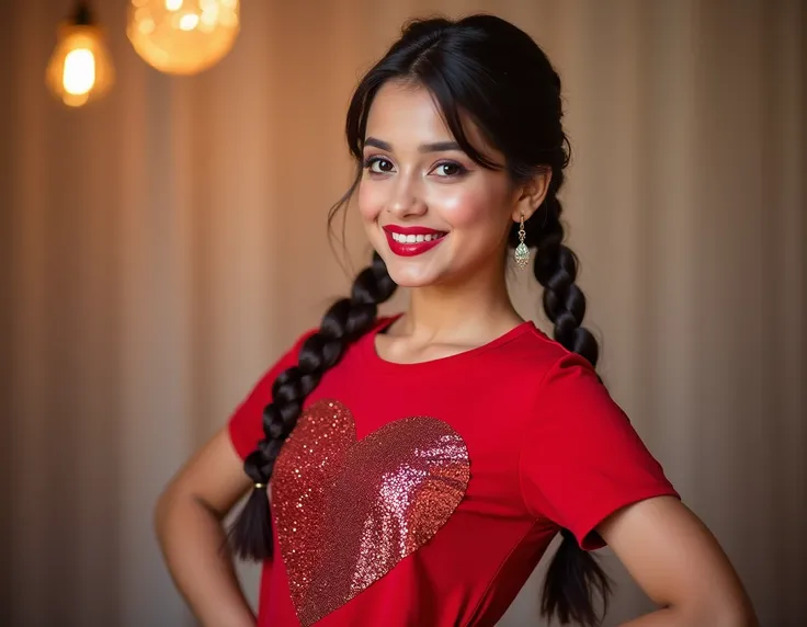 Beautiful Pakistani girl wearing a red t-shirt with a shiny glitter. Big heart print on the front of the t-shirt, braided hairstyle on both sides, earrings with red lipstick, posing with her hands on the hips and smiling, side view photo. background bokeh