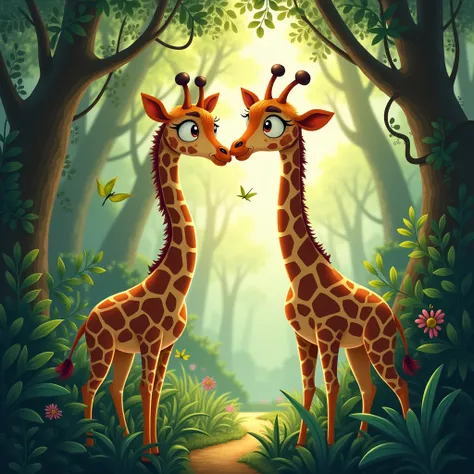 A whimsical illustration of two giraffes having a secret meeting in the heart of the jungle.