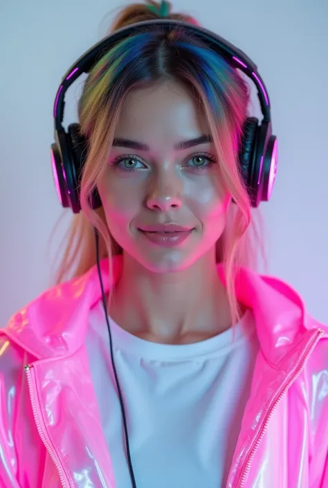  top quality, 8k. 
 beautiful young woman,  LINEAR COLORED HAIR ,  GREEN EYES.
 USING A HEADSET WITH A PINK LED LIGHT .
She is wearing a white t-shirt and a neon pink holographic jacket....
  He looks straight into the camera with a confident and happy exp...