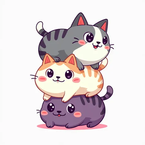 Three cartoon cats of various colors (white, gray, and purple) are stacked atop each other.  The cats are stylized and have large eyes, round bodies, and wide smiles.  The cat on the bottom is purple with darker stripes. The cat in the middle is white with...