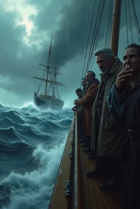 A picture of a person from a ship during a storm shows people crying praying goodbye because they are about to die 