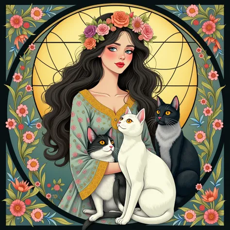 black background,FLAT t shirt design,edgy,highly detailed Art Nouveau-style illustration featuring a serene woman with flowing hair adorned with flowers holding multiple cats.wearing a detailed, floral-patterned dress with golden yellow accents.Position he...