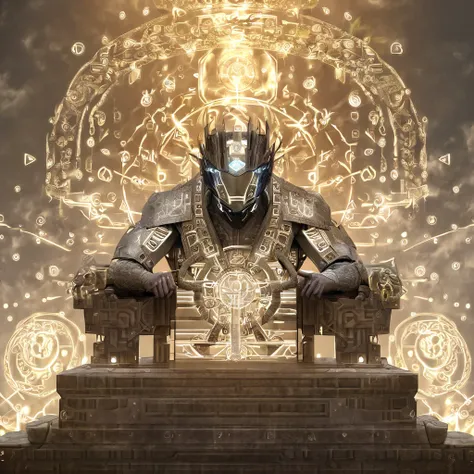 A humanoid figure sitting on a throne made of pulsating energy, their face obscured by a futuristic helmet, surrounded by floating holographic symbols.