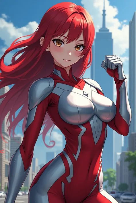   My Hero Academia Style ,   anime girl  , woman, young woman ,  full body shot ,( Fighting Stance :1.3), long hair, Red Hair,   Brown Eyes , hero suit, Full Body Suit, silver suit with red details,  Perfect Anatomy  ,  enhanced abs , super detailed,(build...