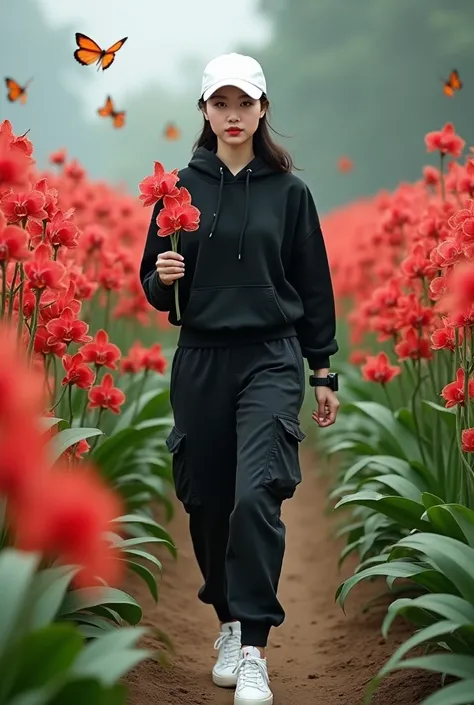 Cinematic realistic photo of a beautiful Korean Muslim woman, smooth white skin, perfectly maintained face, wearing white baseball cap black hoodie knit shirt white gradient . black cargo pants with lots of pockets ,Black watch ,white nike shoes. posing wa...