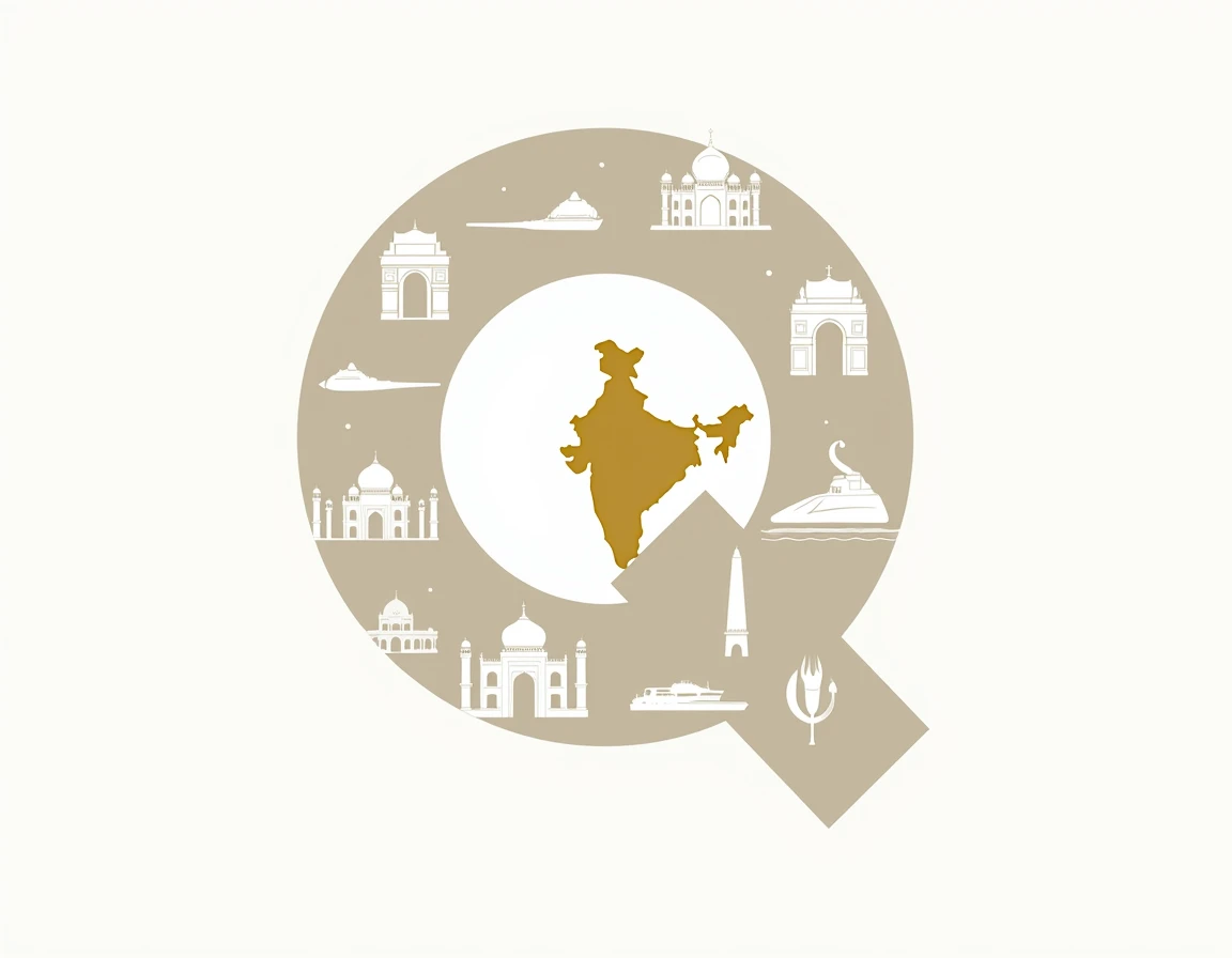 a logo of Q where inside Q there is  a logo of indian map and in the border of Q deploy tourist spots location