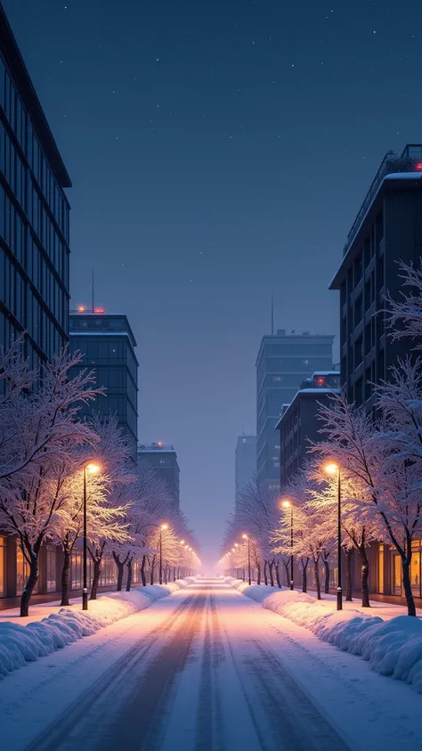 A serene urban winter landscape at night, covered in fresh snow, with empty streets and modern buildings illuminated by soft, warm lights. The scene is calm and devoid of people, emphasizing the tranquility of the snowfall. The sky is a clear mix of deep n...