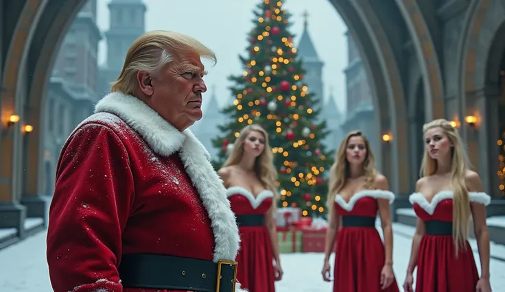 realistic Donald Trump ,  3 girls with big breasts dressed as Snow Maidens. In the background, a scary fat jabba dressed as Santa Claus , futuristic castle inside , there is a Christmas tree ,  under which there are a lot of gifts .