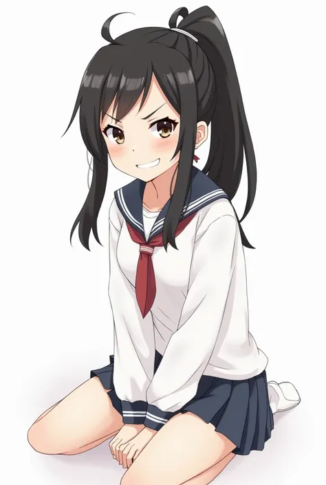  high definition ,  1 girl,  long hair,  black hair,  ponytail, chest,  blush, Lori,  ahe face,  simple background,  sailor suit，Dressed casually， flickering ， anime style, cute, Alone, naughty smile,Contempt/Angry Gaze, 