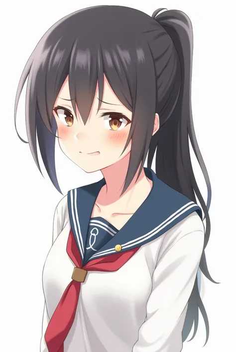  high definition ,  1 girl,  long hair,  black hair,  ponytail, chest,  blush, Lori,  ahe face,  simple background,  sailor suit，Dressed casually， flickering ， anime style, cute, Alone, naughty smile,Contempt/Angry Gaze, 