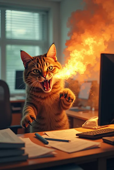 cat working office angry with fire