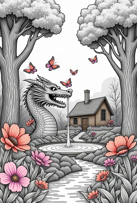 A fairy tale garden filled with intricately detailed trees and giant flowers. At the center, a stone dragon fountain sprays water. In the distance, a small wooden cottage with a pointed roof, surrounded by stylized butterflies and birds. Fairy tale style, ...