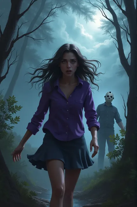 Make an image written Friday the 13th where Jason Voorhees is on the loose
Asshais is an all-blue bot
Jason wears a mask with holes in it
Violeta wears it with a purple shirt and a purple skirt

It has to be windy.

The attached image is what Violeta shoul...