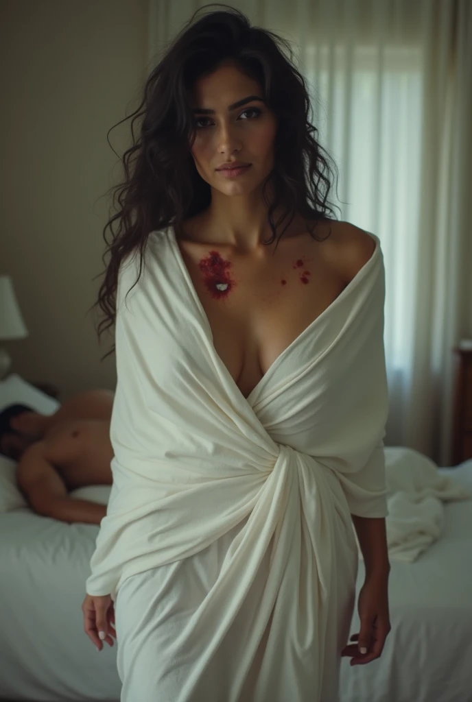 A beautiful indian cute woman wearing body covered with white blanket.she walking out of the room.background a naked man sleeping on the bed.background is blur.she walking style is before sex she have biting wounds on the body.a cinematic style image.