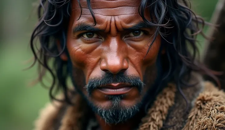  An ancient indigenous from 6,500 years ago looking at the camera，Clothes are animal skin，No jewellery