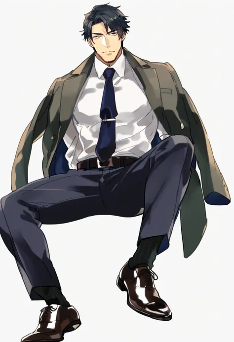 male focus, solo, ikemen, mature, male only, tough man, bold, eyes fix, flat chest, sturdy waist, 50 years old, office worker, collared shirt, tie, three piece suit, coat on shoulders, belt, slacks, leather shoes, tight clothes, whole body, sitting, invisi...