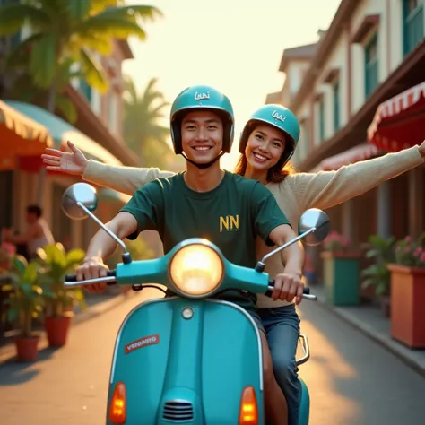 
"A young couple riding a classic blue Vespa scooter through a vibrant Indonesian city. The man in front wears a dark green casual shirt with the NN logo prominently displayed on the chest and a matching helmet, looking warmly into the camera. The woman be...