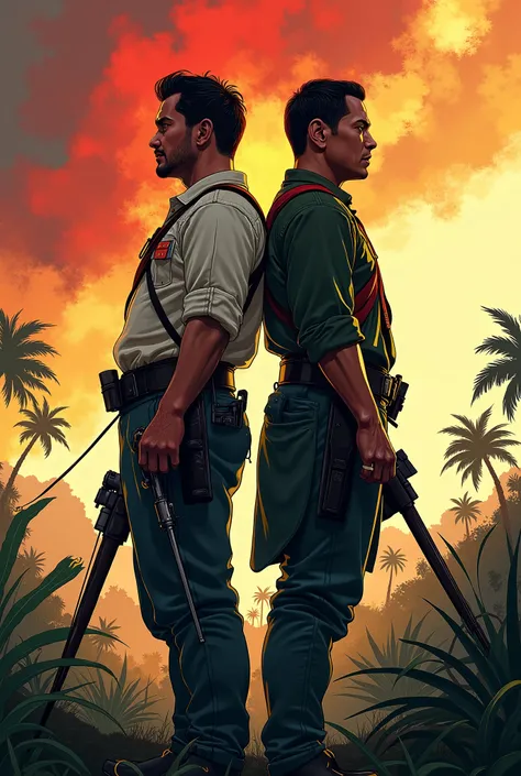 Create an illustration depicting Andrés Bonifacio and Emilio Aguinaldo standing back-to-back, symbolizing their roles and conflicts during the Philippine Revolution. It highlights the tension, unity, and patriotic spirit of that pivotal era.