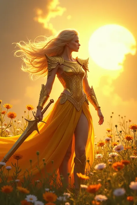 buff female sun themed summer paladin with golden blonde hair wearing golden armor and a golden sword with a cherubic face standing in a lush sunny field with colorful spring wildflowers