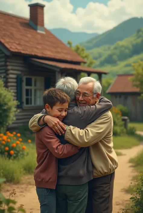 Create me an image about the adult boy who went back to their simple house in the province after leaving , and his mother and father hug the boy