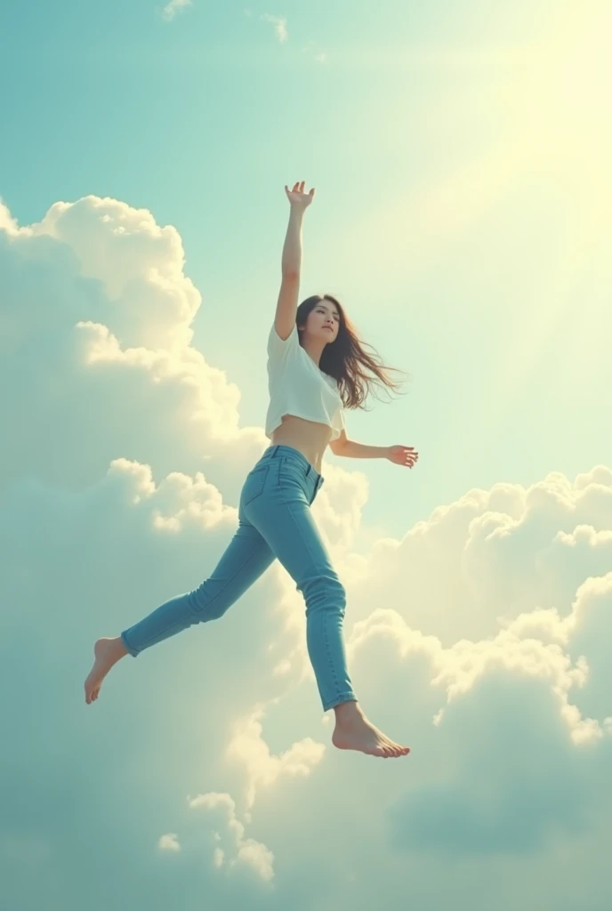 Song Hye Kyo flying on the sky, wearing jeans and bare feet