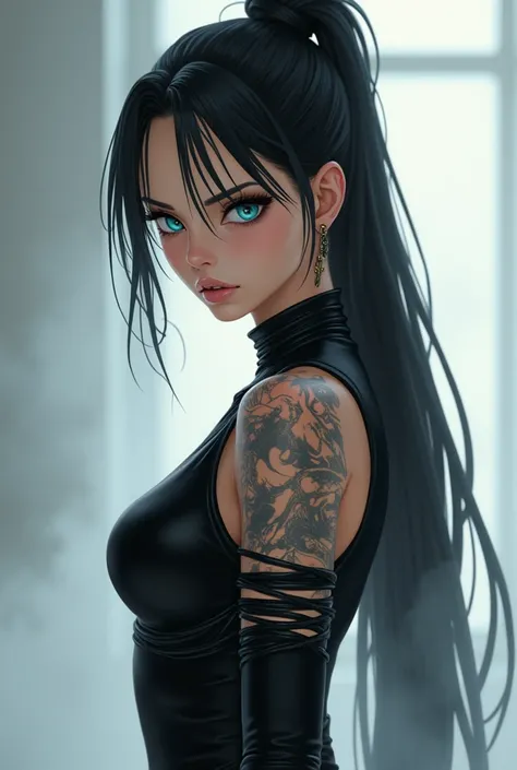 A young woman with a strong and confident gaze, depicted in an anime-inspired cyberpunk style. She has sleek black hair tied up in a high bun, with a few loose strands falling over her shoulders. Her skin is fair, and her piercing blue eyes convey intensit...