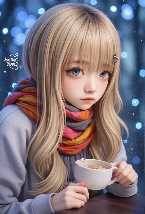  1 girl,  , bangs, Blonde, Kiss,  blue eyes, blue  scarf, brown  scarf,  clevis on a stone,   closed mouse,  eyelash , face, Floating Hair,  hair between eyes, heart, lips, lipstick,  long hair, looking at viewer, compensate, night null, nose,  closes one ...