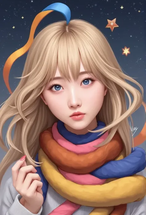  1 girl,  , bangs, Blonde, Kiss,  blue eyes, blue  scarf, brown  scarf,  clevis on a stone,   closed mouse,  eyelash , face, Floating Hair,  hair between eyes, heart, lips, lipstick,  long hair, looking at viewer, compensate, night null, nose,  closes one ...