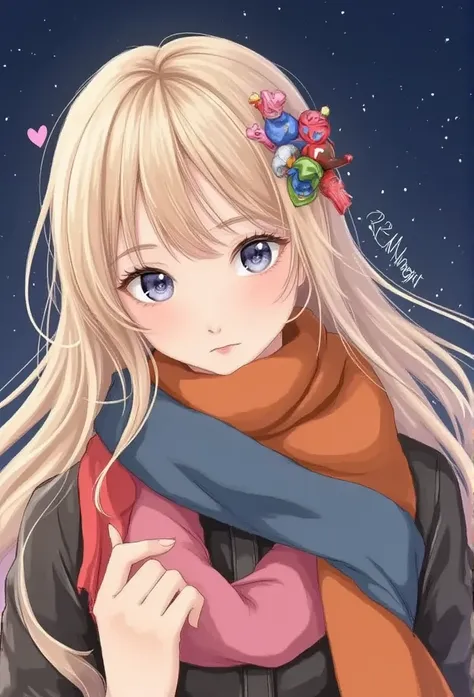  1 girl,  , bangs, Blonde, Kiss,  blue eyes, blue  scarf, brown  scarf,  clevis on a stone,   closed mouse,  eyelash , face, Floating Hair,  hair between eyes, heart, lips, lipstick,  long hair, looking at viewer, compensate, night null, nose,  closes one ...