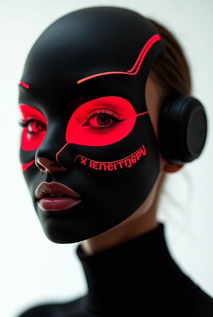 photo of a woman wearing a full face unique mask with the text "REDLIGHT THERAPY" in red. The mask is predominantly black with red outlines and has two cut-out sections, one on the forehead and the other near the chin, allowing the womans eyes and part of ...