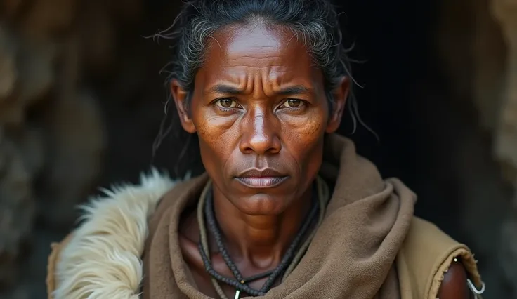  An ancient female indigenous 6,500 years ago looking into the camera，Clothes are made of animal skin，There are no ornaments of any kind，You can see the upper body