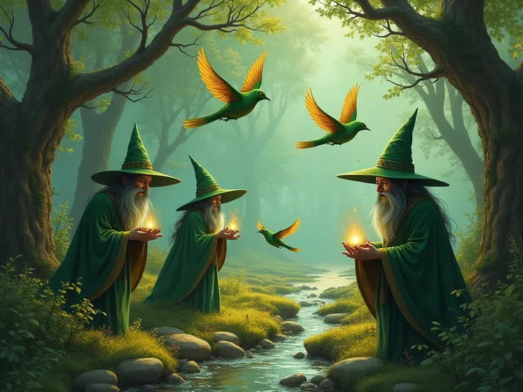 Green and golden birds and witches 