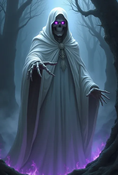 1 essence, man, death, white cloak, purple eyes, burning eyes, skull, bony hand, stretches out his hand, hand to the camera, palm to the camera, purple fire at the bottom of the cloak, fog, night forest, dark forest, dark fantasy, night