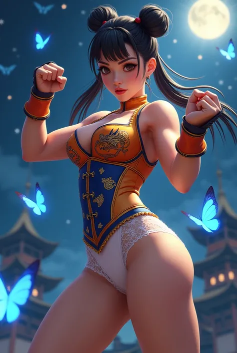 Street Fighters Chun Lee Chun-li full character is 172cm tall, with a double bun hairstyle, beautiful skin, thick shoulders and muscles, large chest size 90cm, large waist, 130cm wide waist Big, plump thighs with prominent leg muscles, wearing a blouse in ...