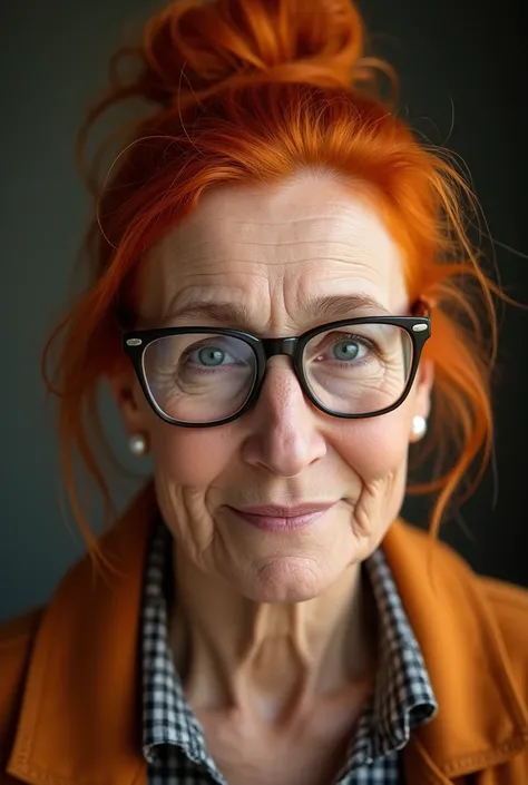 68 -year old female orange hair tied up in a bun glasses light brown skin