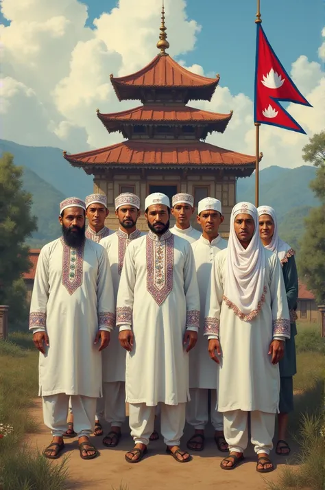 "Create a symbolic image representing Nepali Muslims, featuring a group of Muslim men and women dressed in traditional Nepali attire. Include elements such as white jaalidar topis, hijabs, and a Nepali flag prominently displayed in the background. The sett...